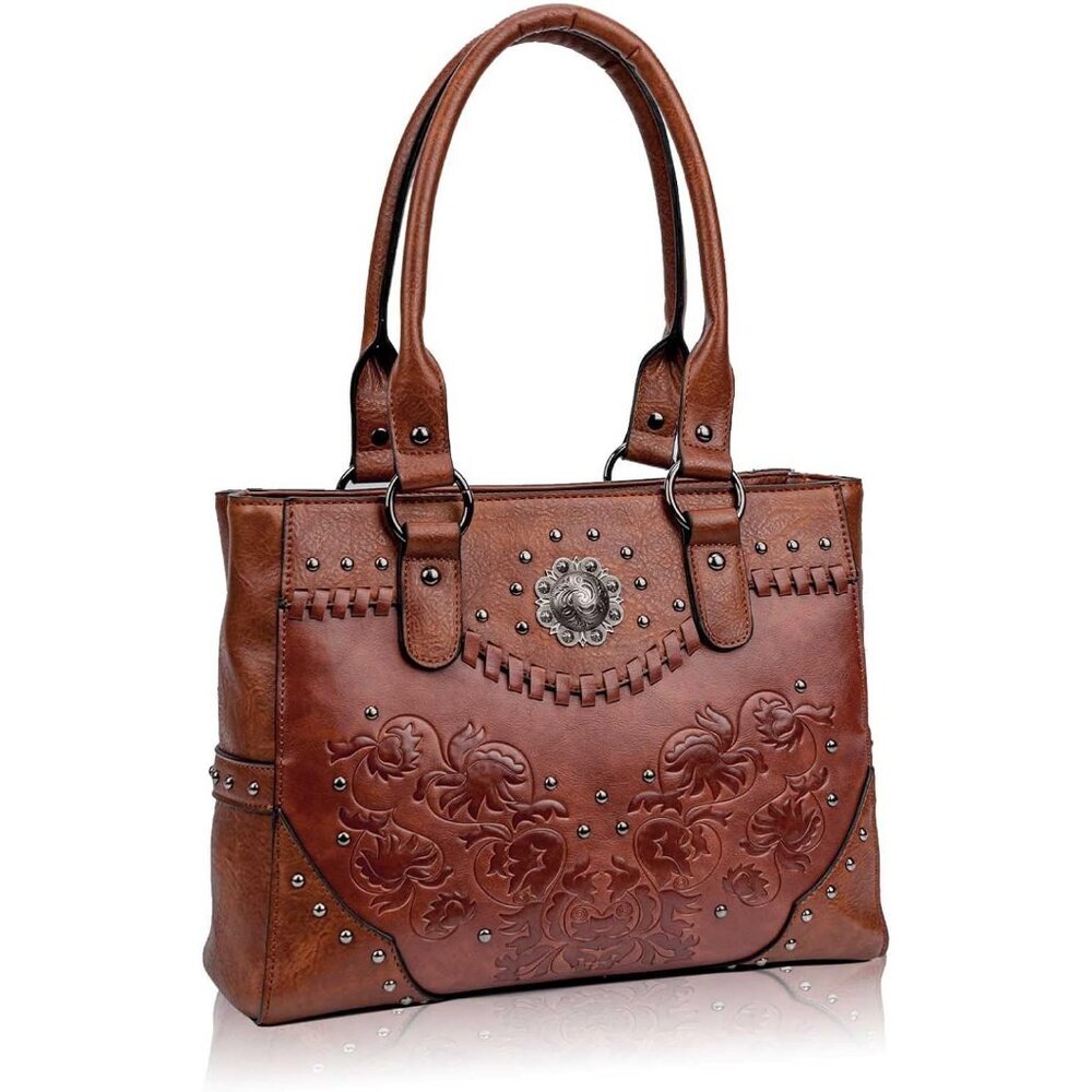 Women's Coffee Pu Leather Large Western Top Handle Vintage Embossed Shoulder Bag - Picture 1 of 6
